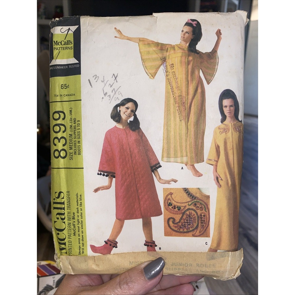 Vintage 1968 McCalls 8399 Robe Slippers Boots Sewing Pattern Size Med Cut